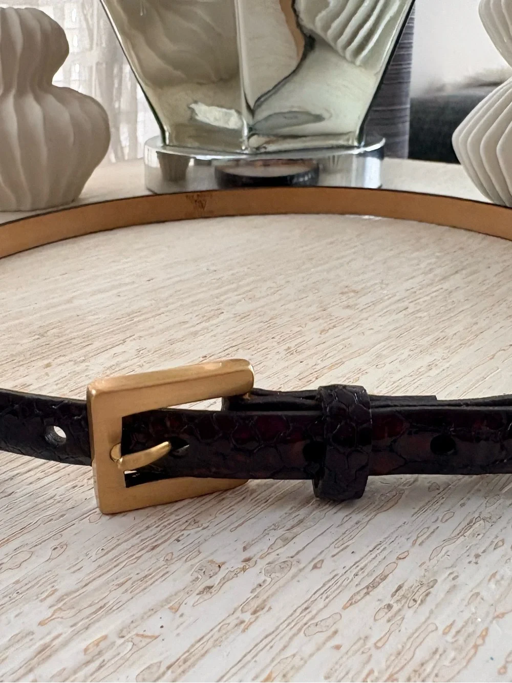 The Worth Collection Croc Tortoise Patent Leather Brass Buckle Skinny Belt S/M